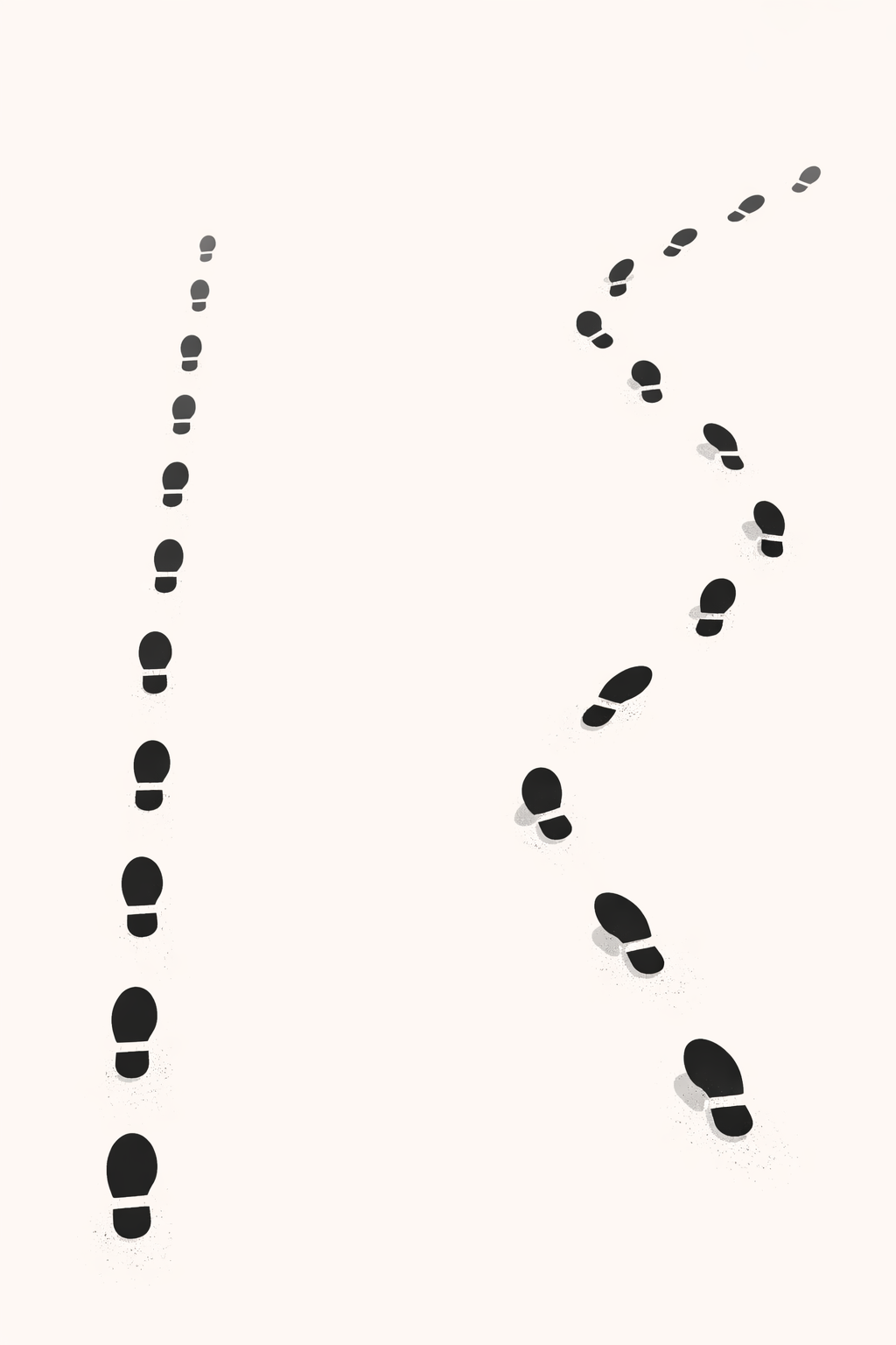 Minimalist illustration of footprints that start in a straight line and gradually drift to the side, symbolizing slow ethical drift in decision-making.