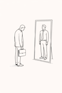 Minimalist line illustration of a businessman standing before a mirror where the reflection shows his earlier, more confident self.