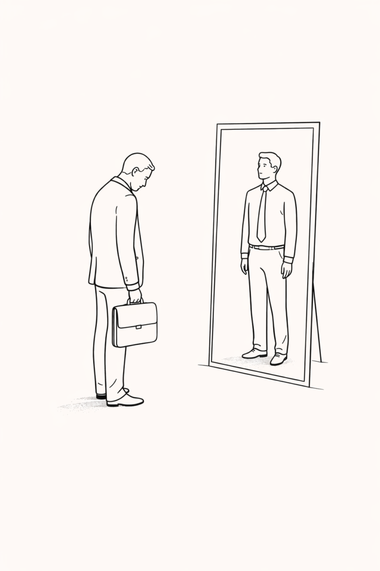 Minimalist line illustration of a businessman standing before a mirror where the reflection shows his earlier, more confident self.