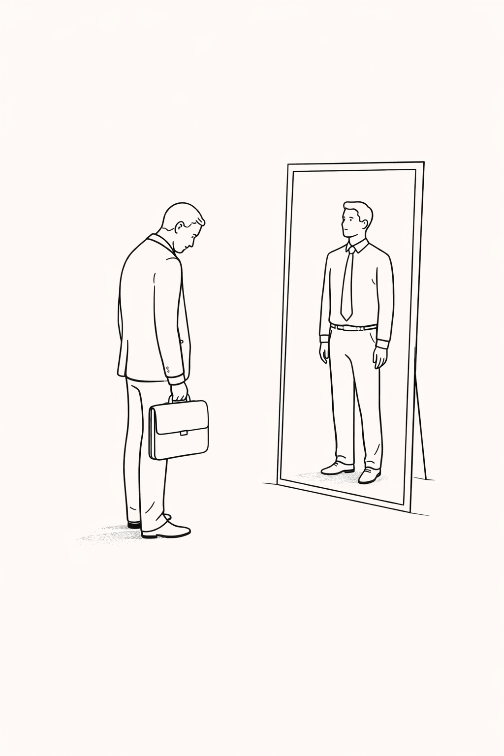 Minimalist line illustration of a businessman standing before a mirror where the reflection shows his earlier, more confident self.